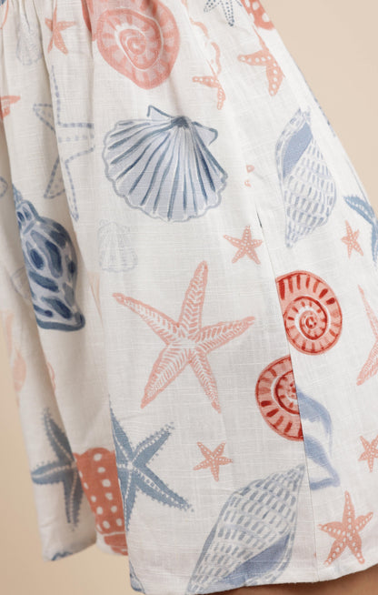  Seashells Pleated Bodice Romper, White Multi | Sadie & Sage