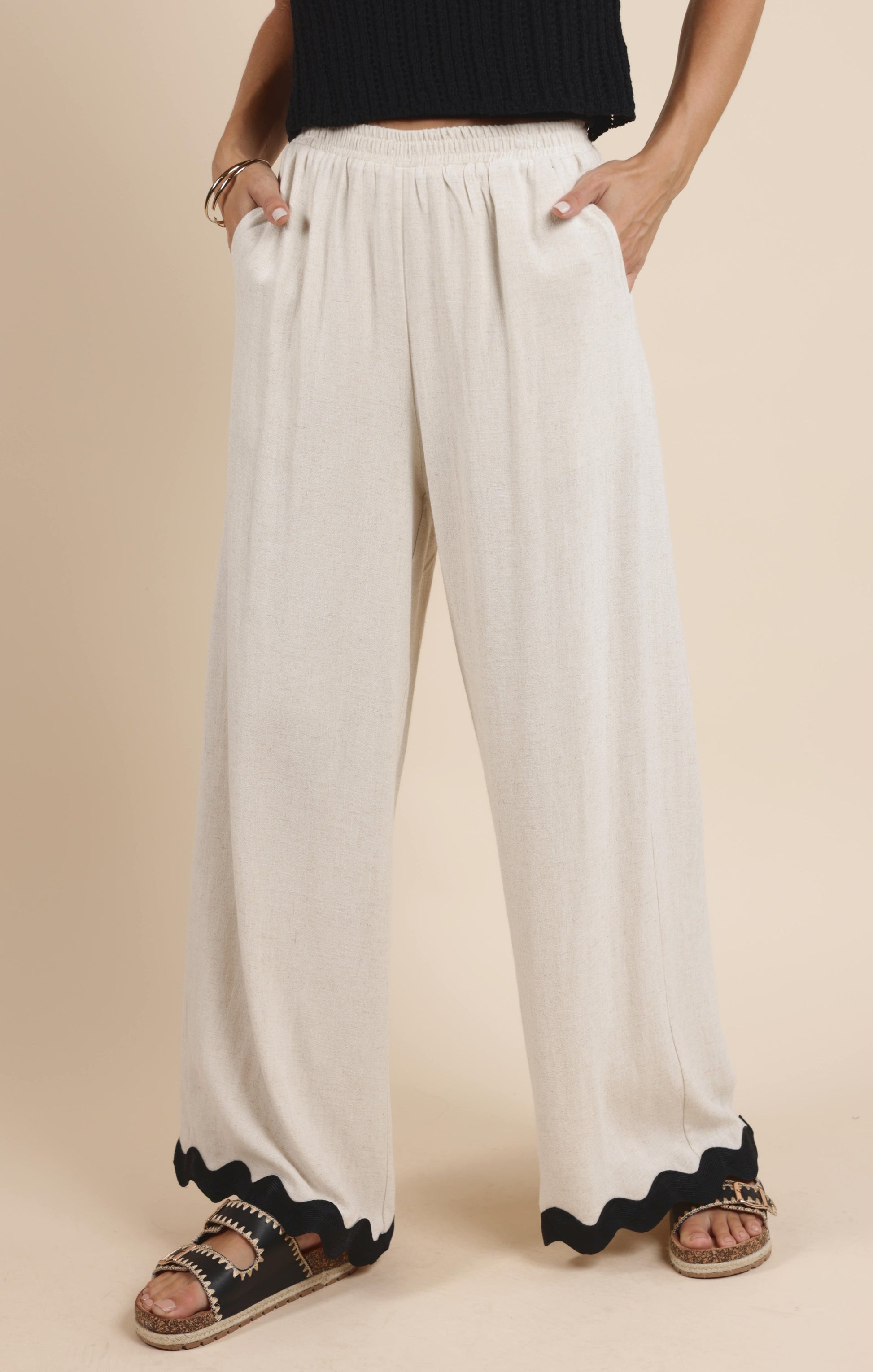  Sugarloaf Wavy Trim Elastic Pants, Oatmeal | Sadie & Sage
