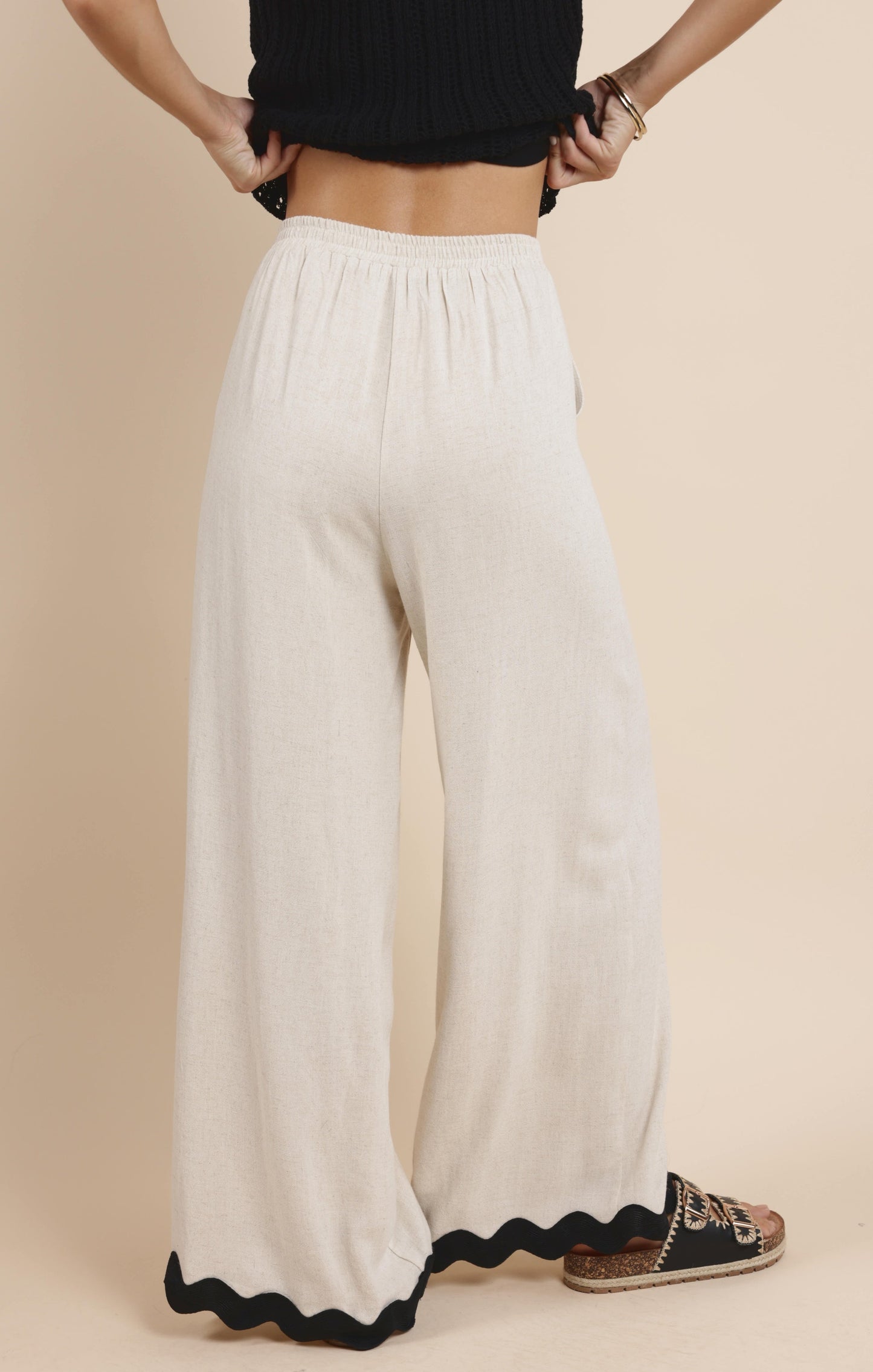  Sugarloaf Wavy Trim Elastic Pants, Oatmeal | Sadie & Sage