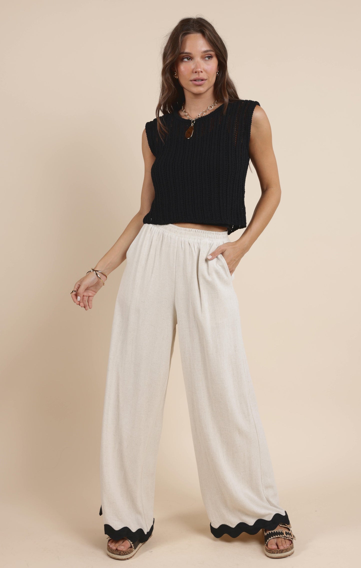  Sugarloaf Wavy Trim Elastic Pants, Oatmeal | Sadie & Sage