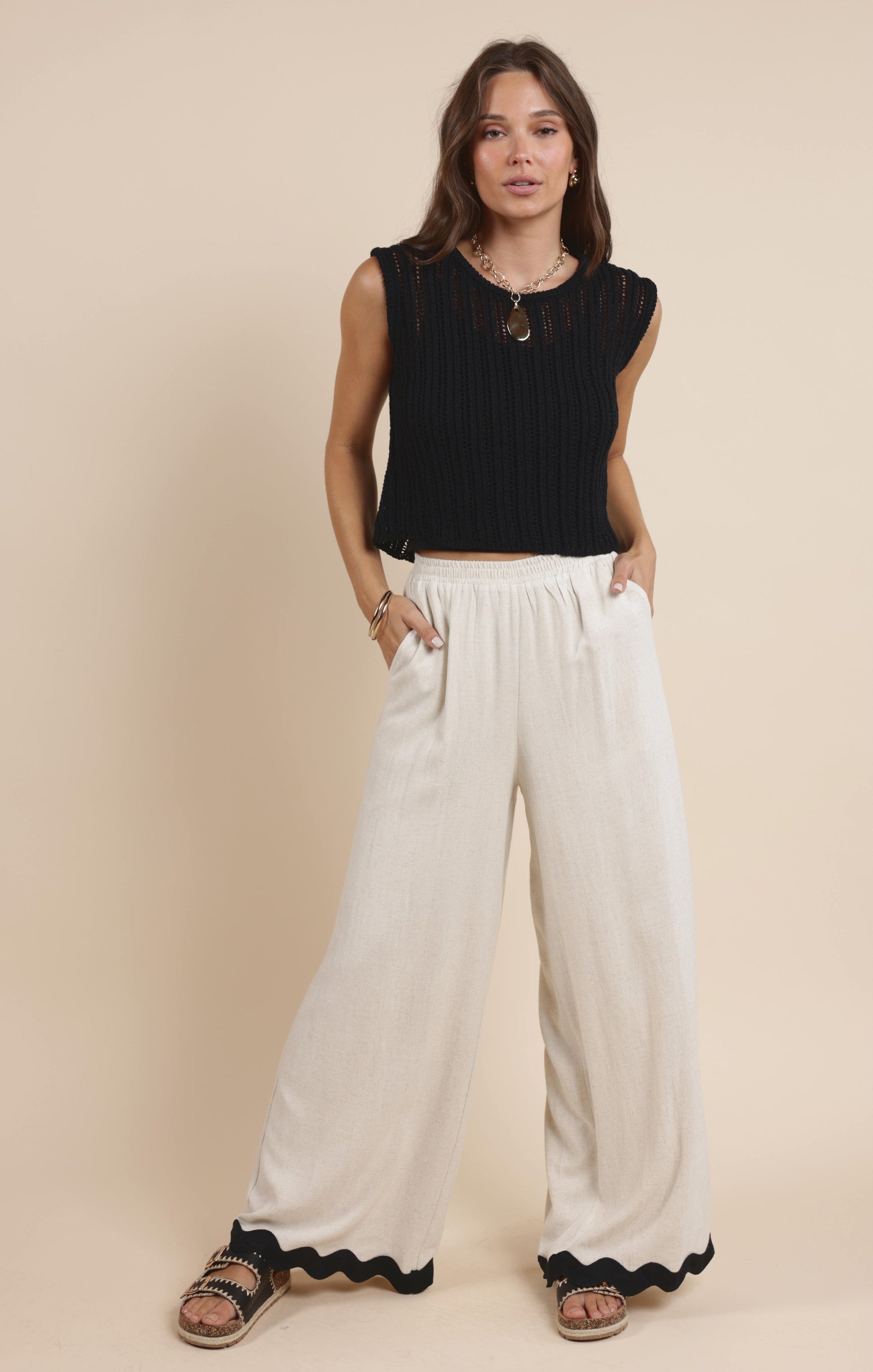  Sugarloaf Wavy Trim Elastic Pants, Oatmeal | Sadie & Sage