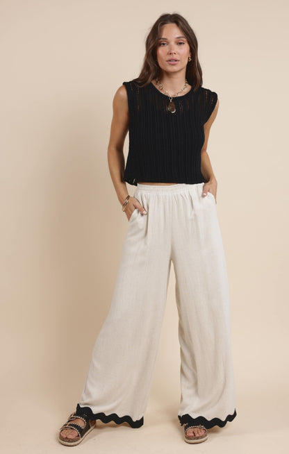  Sugarloaf Wavy Trim Elastic Pants, Oatmeal | Sadie & Sage