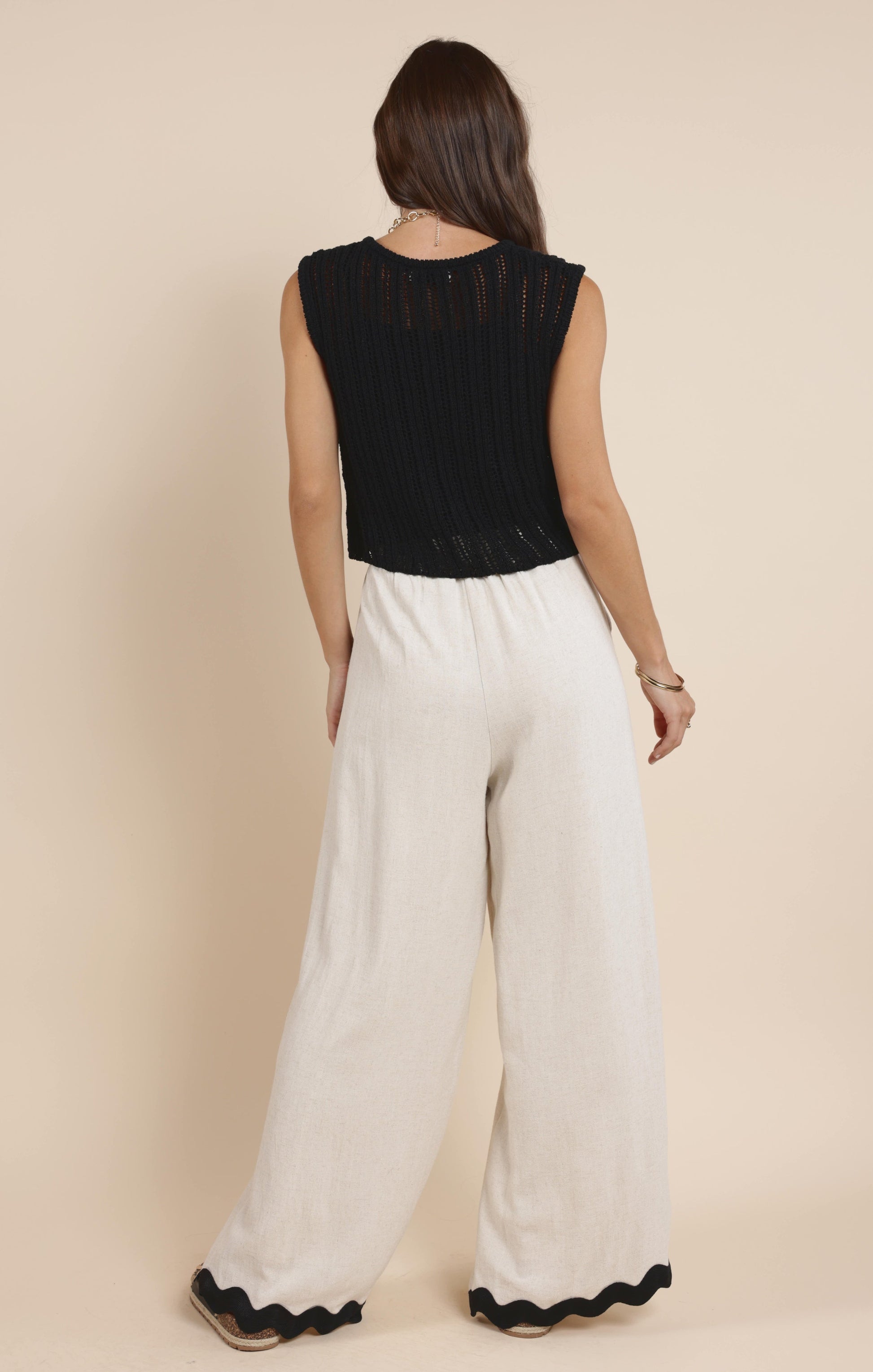  Sugarloaf Wavy Trim Elastic Pants, Oatmeal | Sadie & Sage