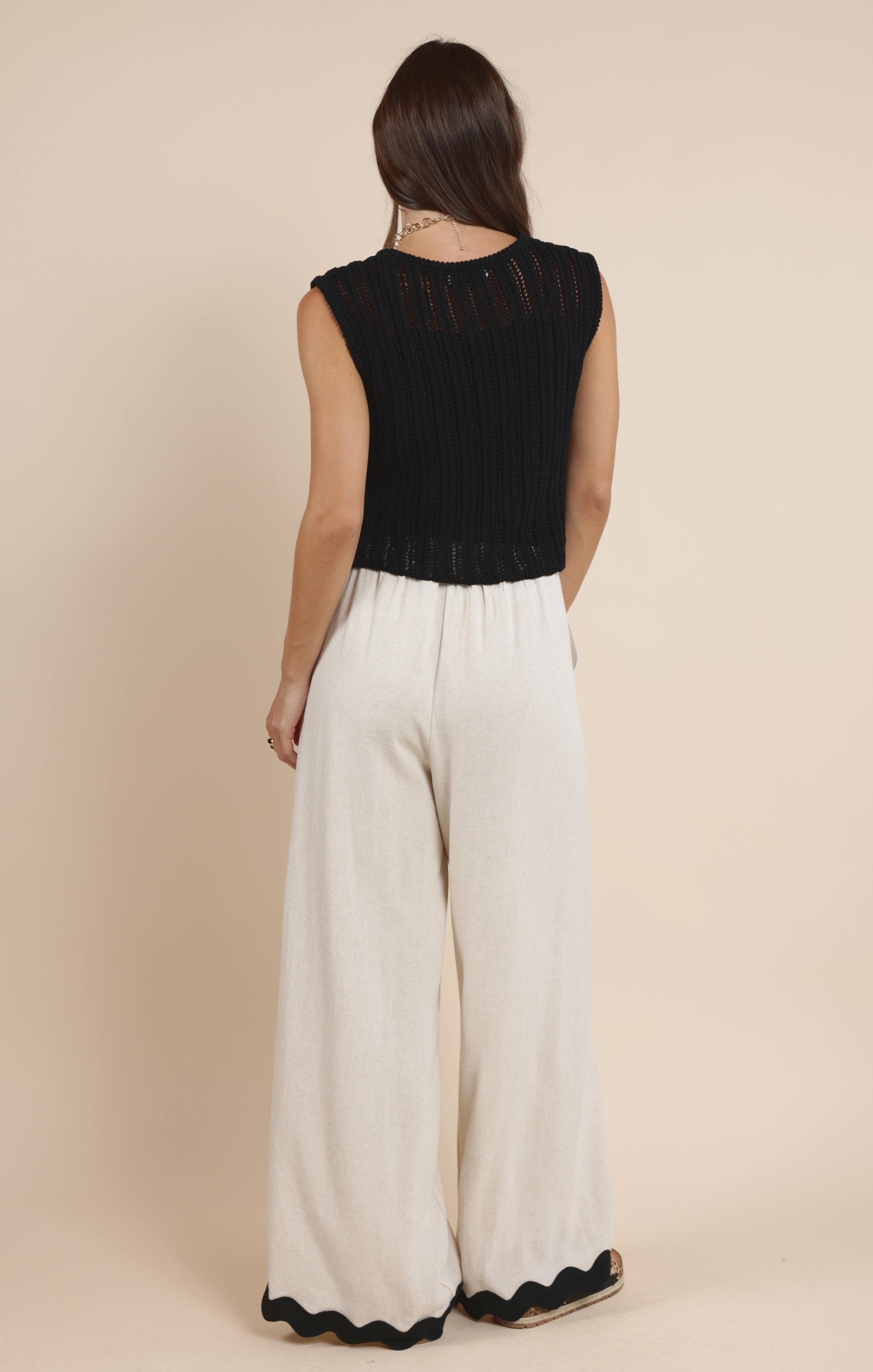  Sugarloaf Wavy Trim Elastic Pants, Oatmeal | Sadie & Sage