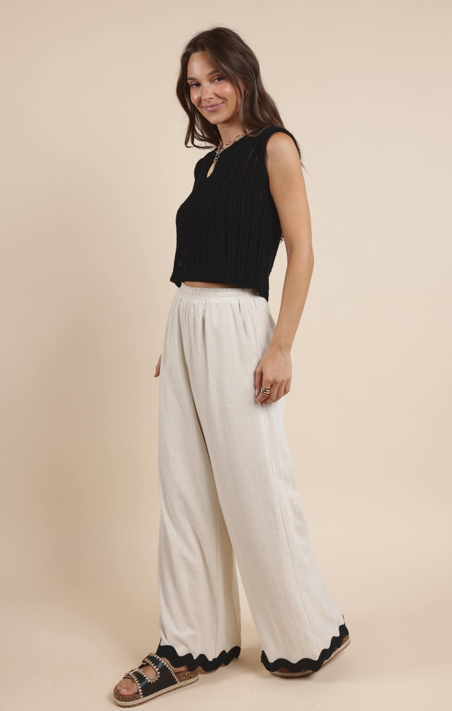  Sugarloaf Wavy Trim Elastic Pants, Oatmeal | Sadie & Sage