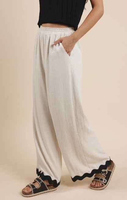  Sugarloaf Wavy Trim Elastic Pants, Oatmeal | Sadie & Sage