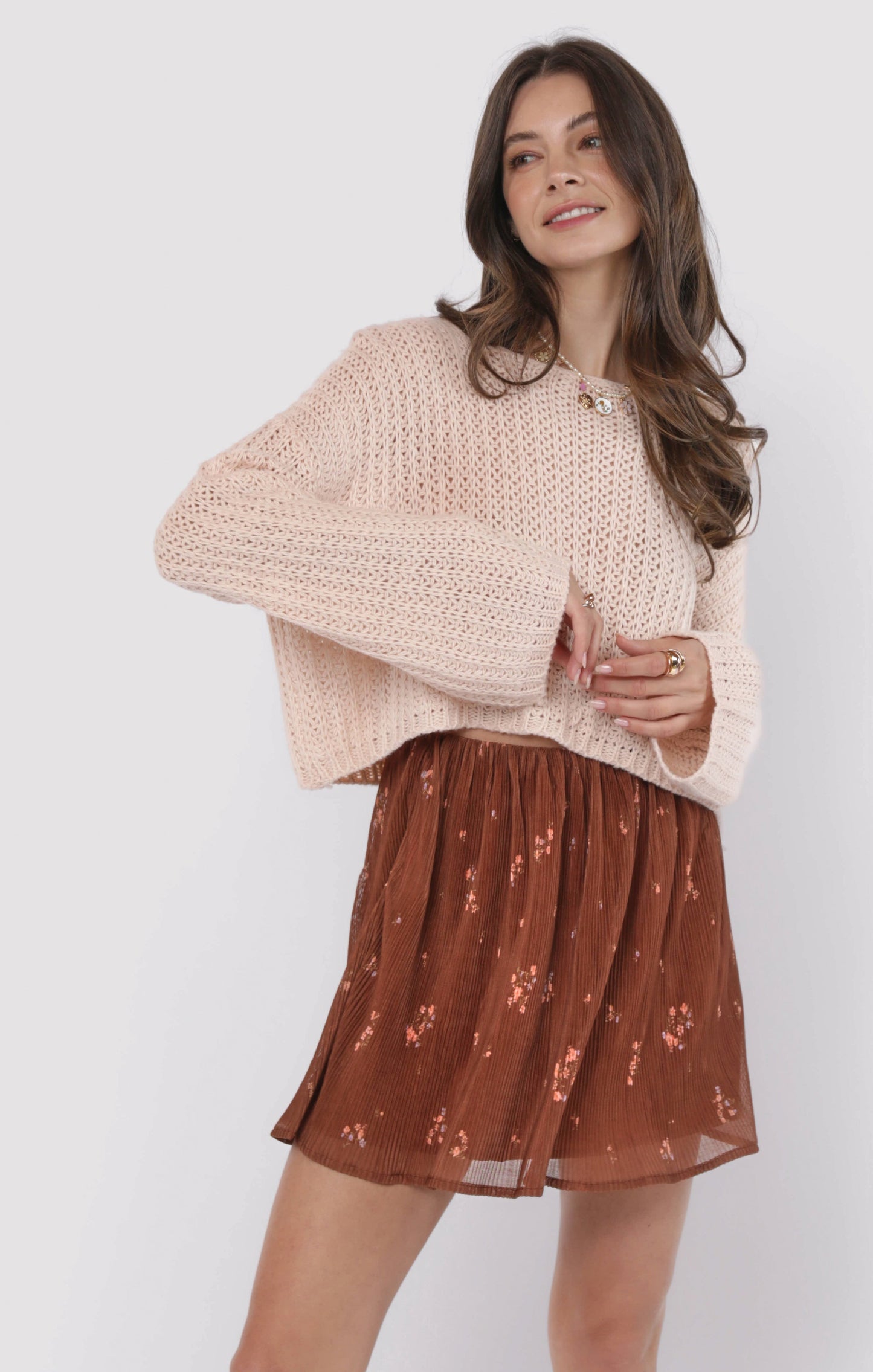  Last Dance Plisse Swing Mini Skirt, Brown Multi | Sadie & Sage
