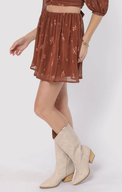  Last Dance Plisse Swing Mini Skirt, Brown Multi | Sadie & Sage