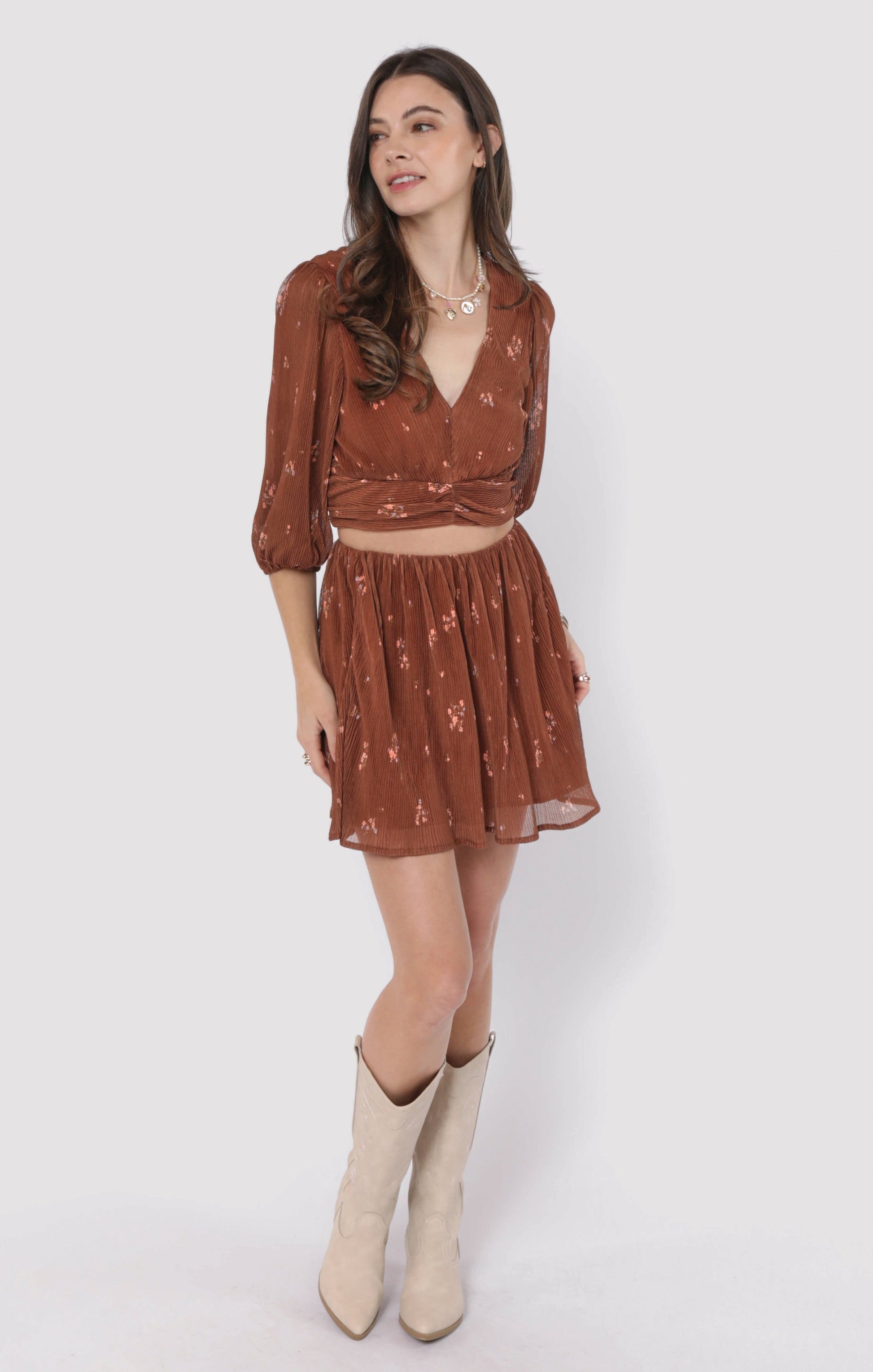  Last Dance Plisse Swing Mini Skirt, Brown Multi | Sadie & Sage
