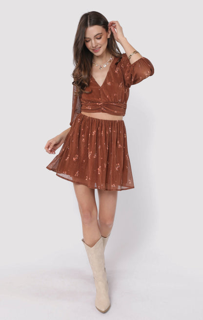  Last Dance Plisse Swing Mini Skirt, Brown Multi | Sadie & Sage