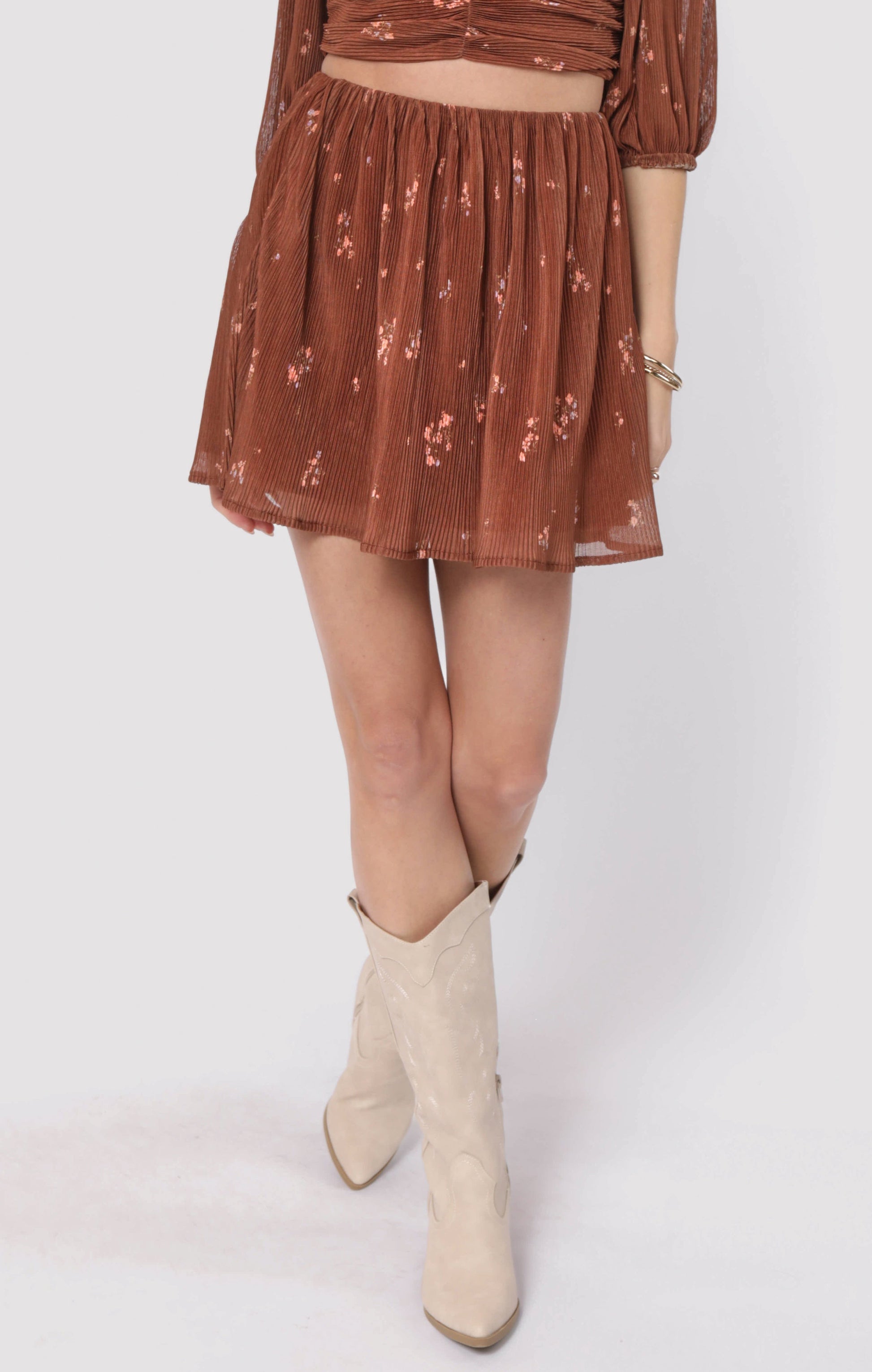  Last Dance Plisse Swing Mini Skirt, Brown Multi | Sadie & Sage