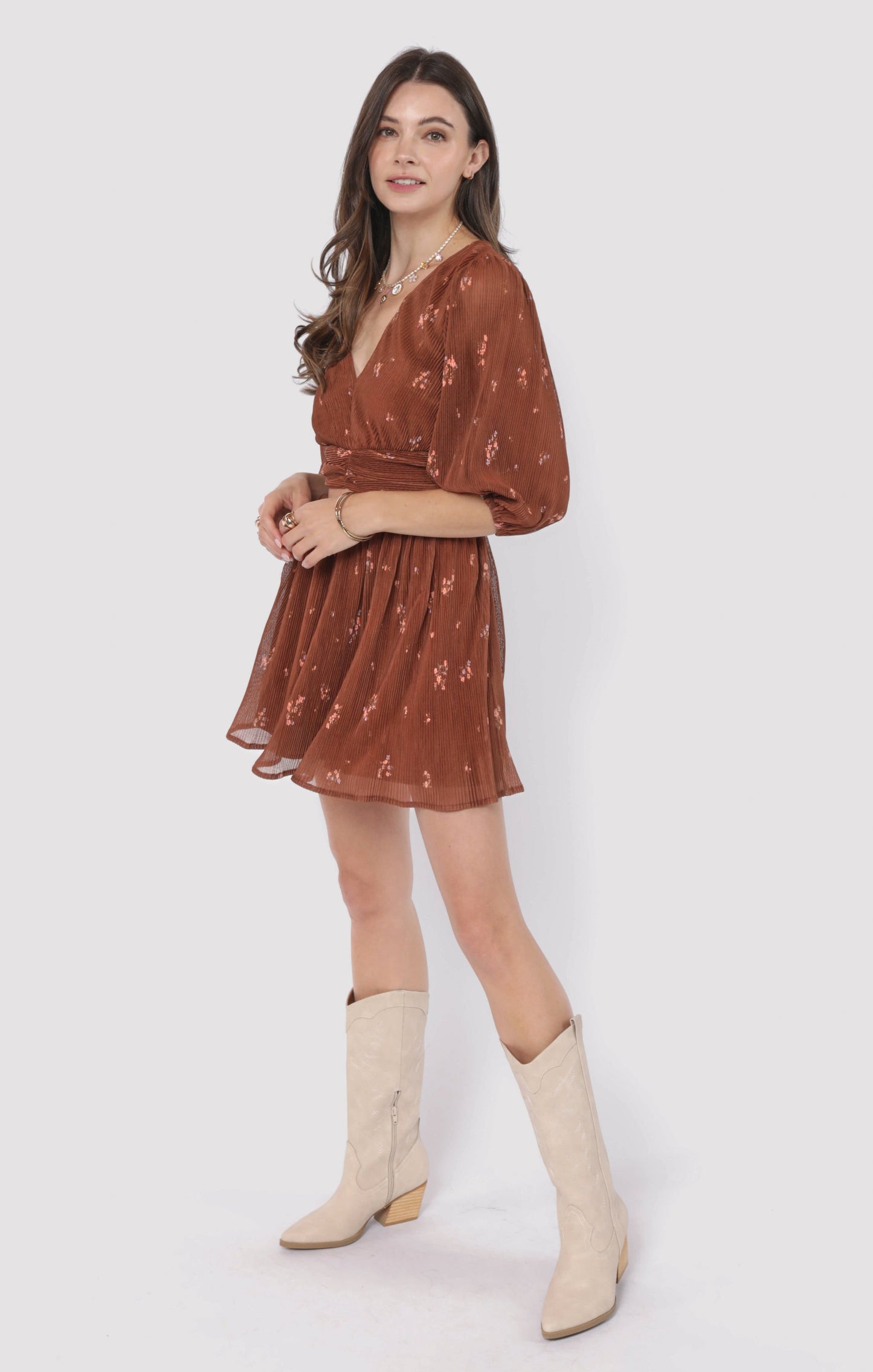 Last Dance Plisse Swing Mini Skirt, Brown Multi | Sadie & Sage