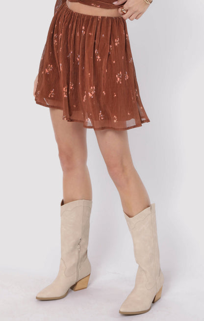  Last Dance Plisse Swing Mini Skirt, Brown Multi | Sadie & Sage