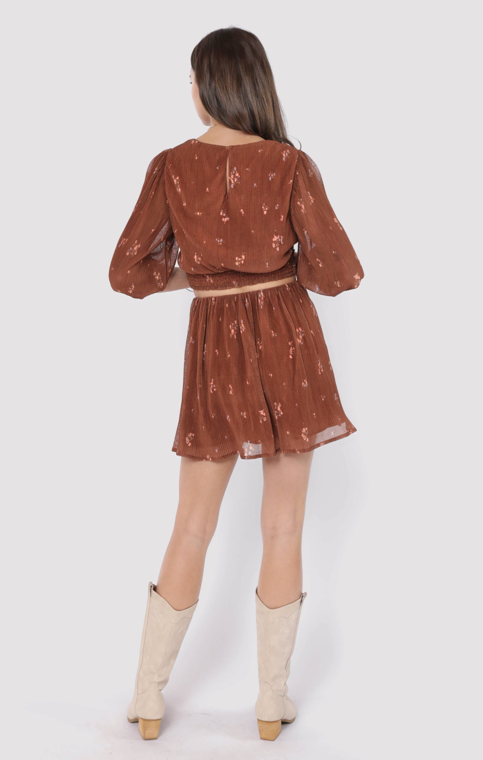  Last Dance Plisse Swing Mini Skirt, Brown Multi | Sadie & Sage