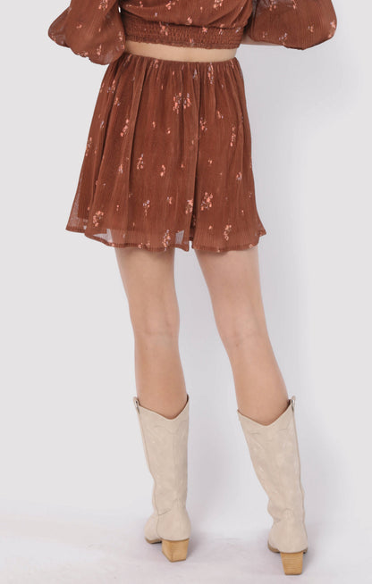 Last Dance Plisse Swing Mini Skirt, Brown Multi | Sadie & Sage