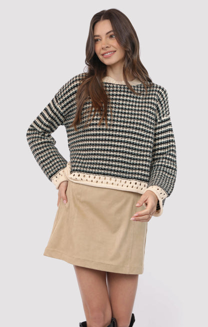  Samantha Contrast Trim Sweater, Black Multi | Sadie & Sage