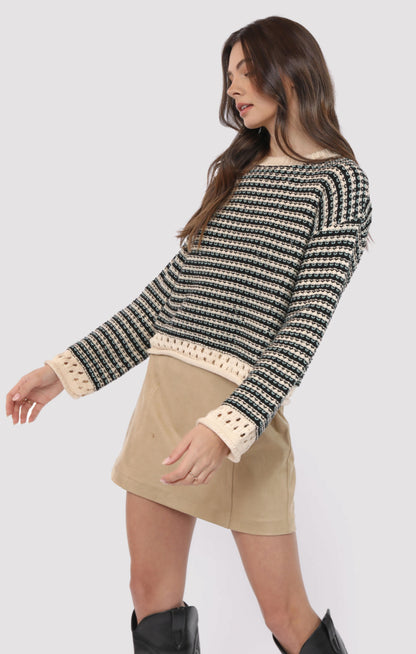  Samantha Contrast Trim Sweater, Black Multi | Sadie & Sage