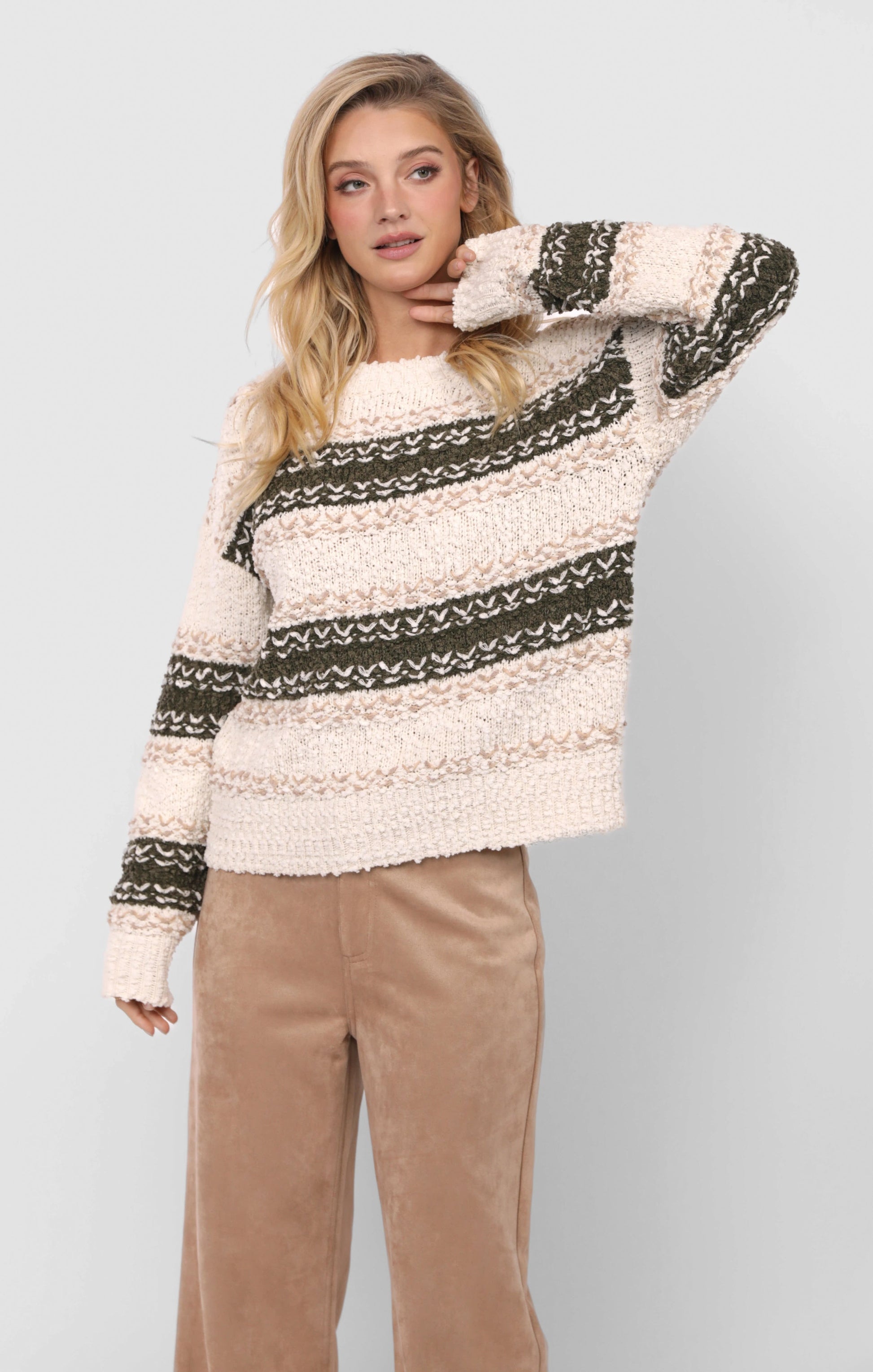  Loosen Up Striped Sweater, Olive Multi | Sadie & Sage