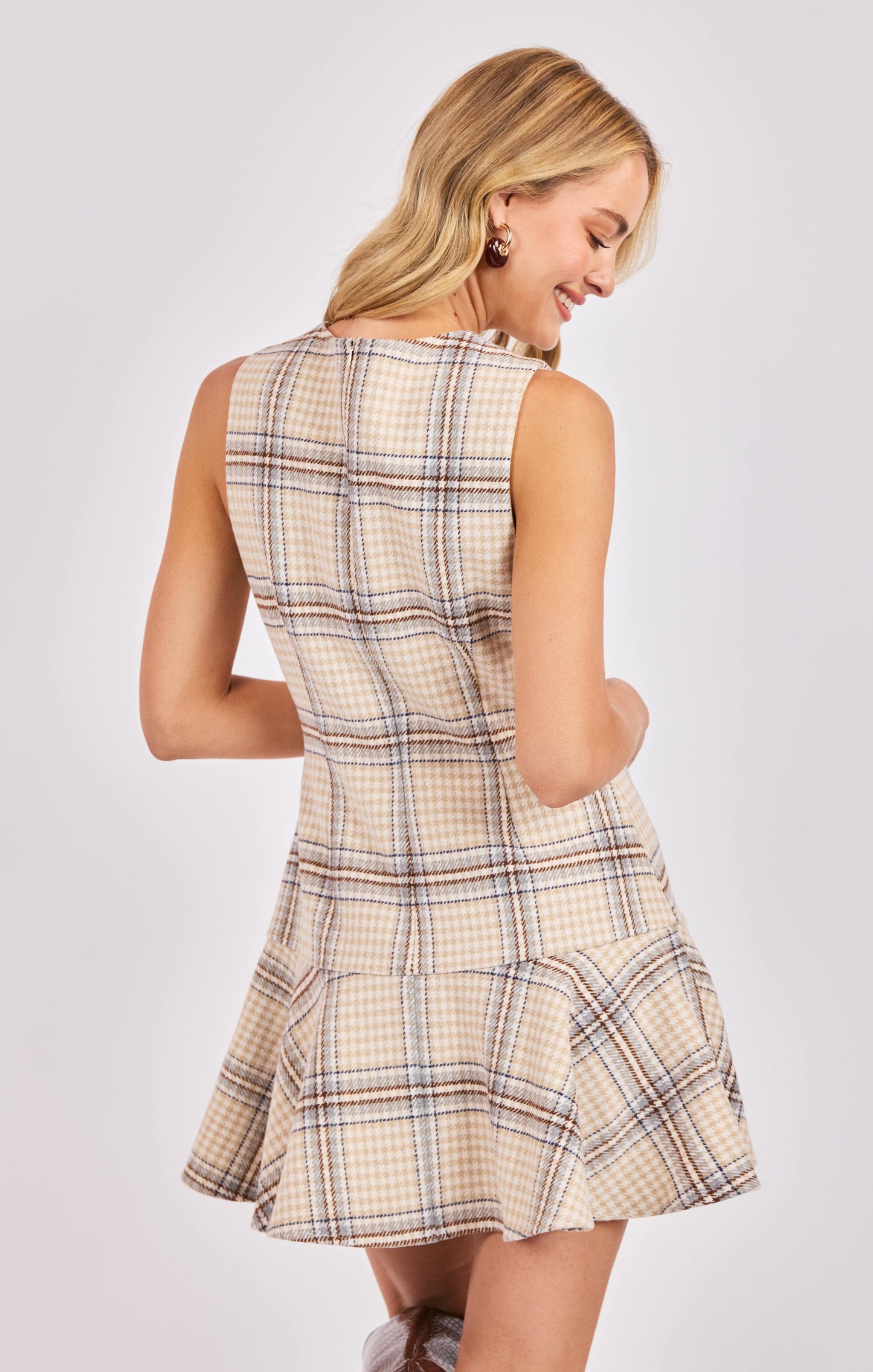  Cedar Plaid Drop Waist Mini Dress, Ivory Multi | Sadie & Sage