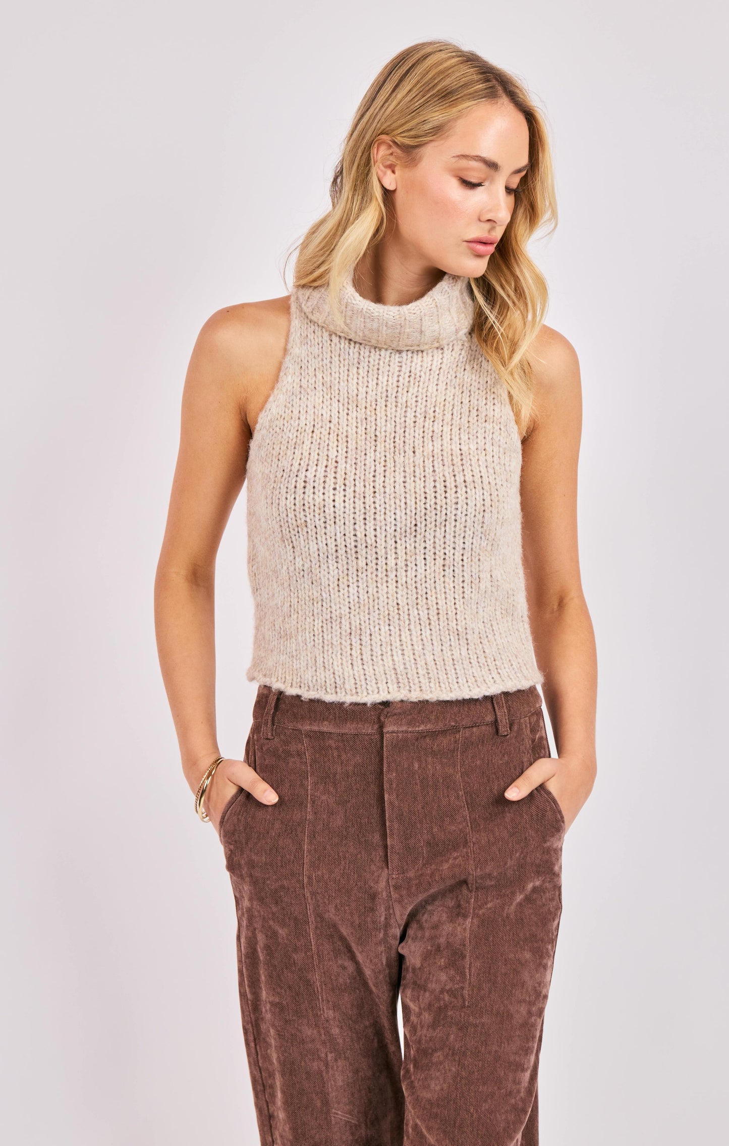  Saylor Turtleneck Sleeveless Sweater, Oatmeal | Sadie & Sage