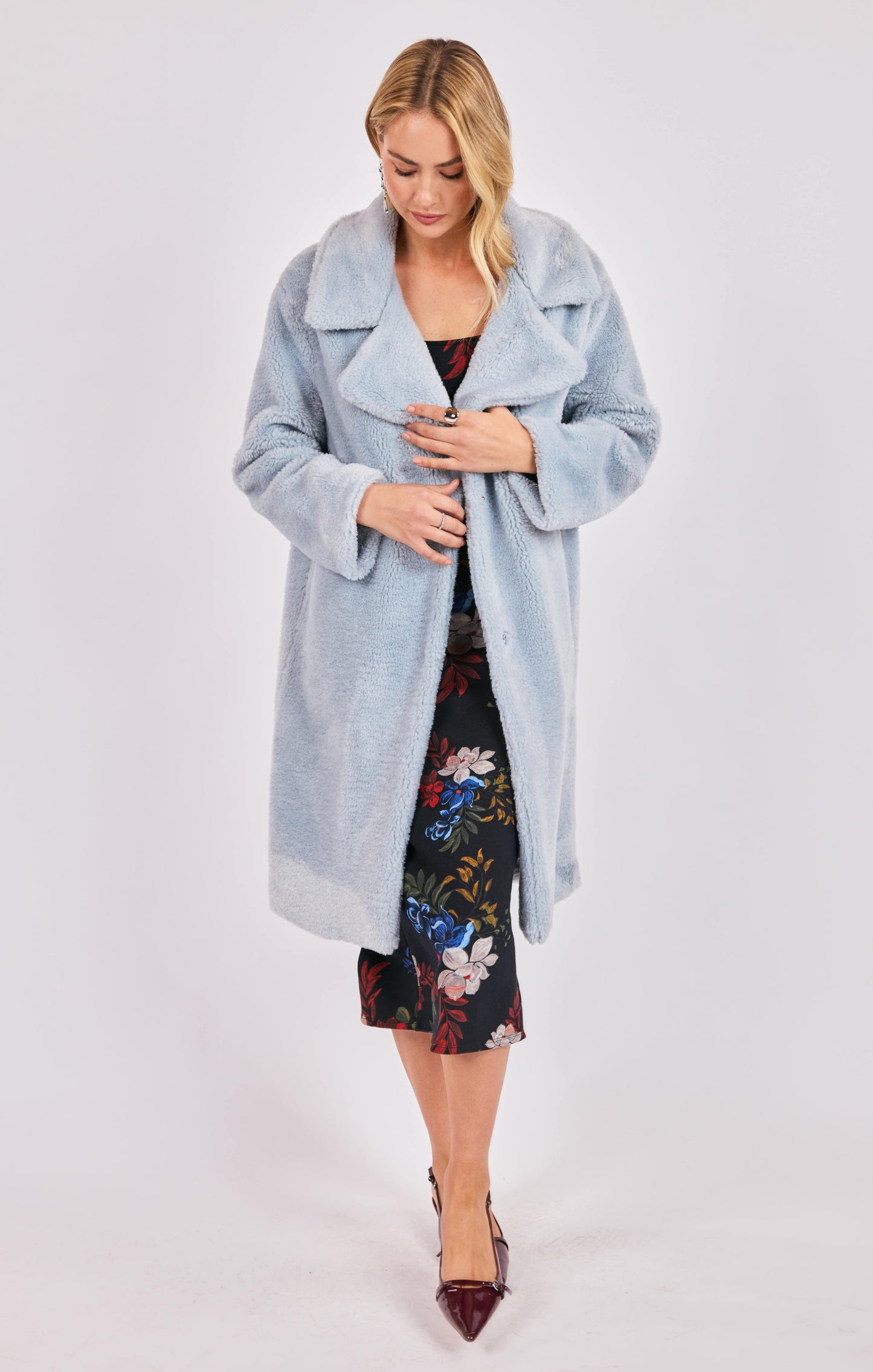  Marquee Lights Faux Shearling Coat, Sky Blue | Sadie & Sage