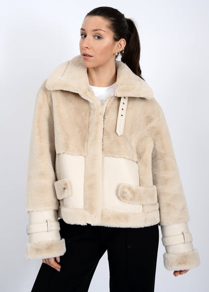  Mink Faux Fur Vegan Leather Jacket, Oat | RD Style