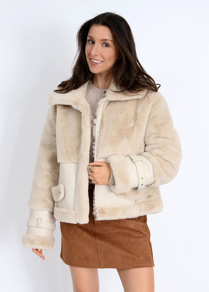  Mink Faux Fur Vegan Leather Jacket, Oat | RD Style