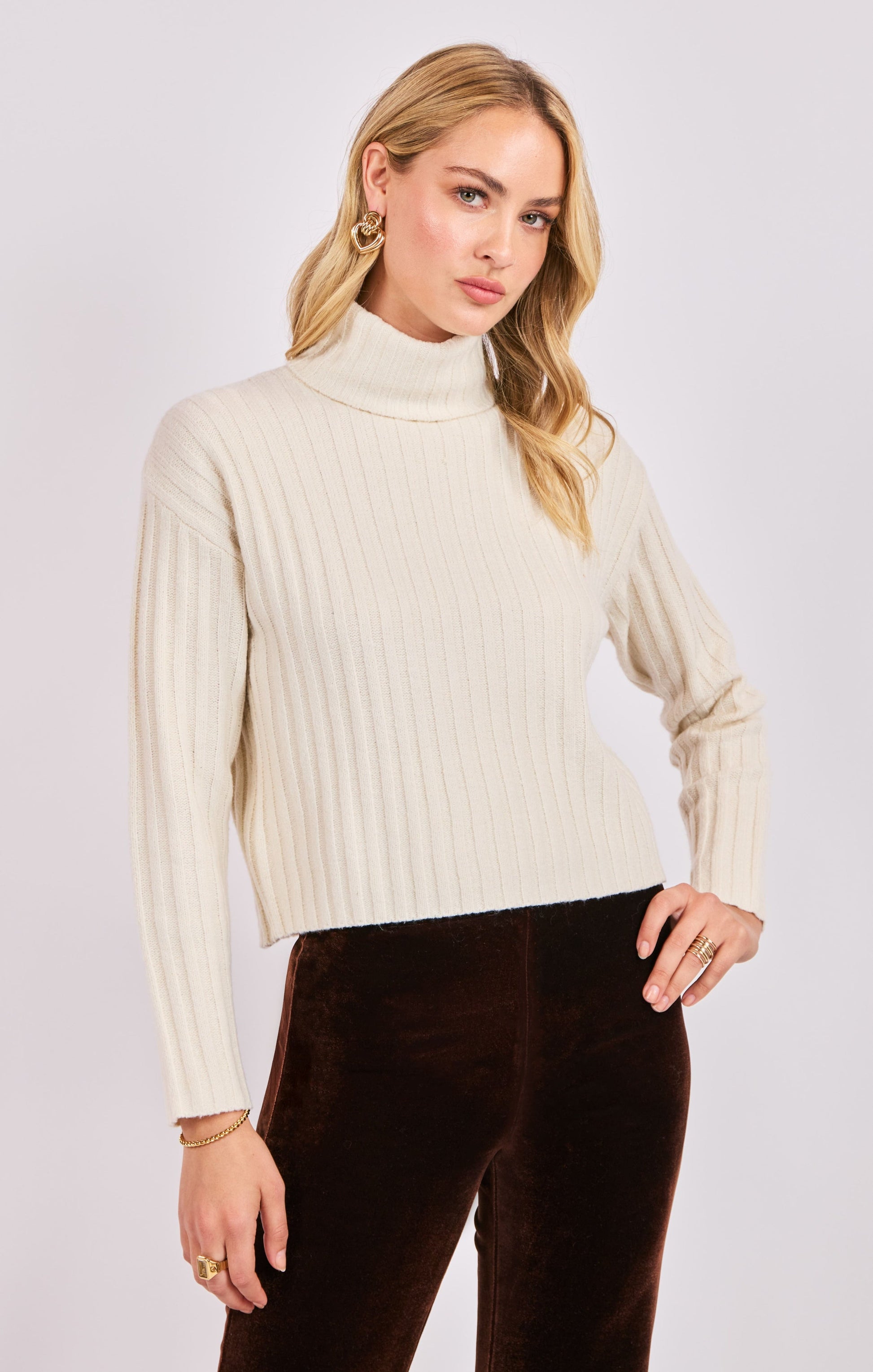 Cosette Turtleneck Rib Sweater, Ivory | Sadie & Sage