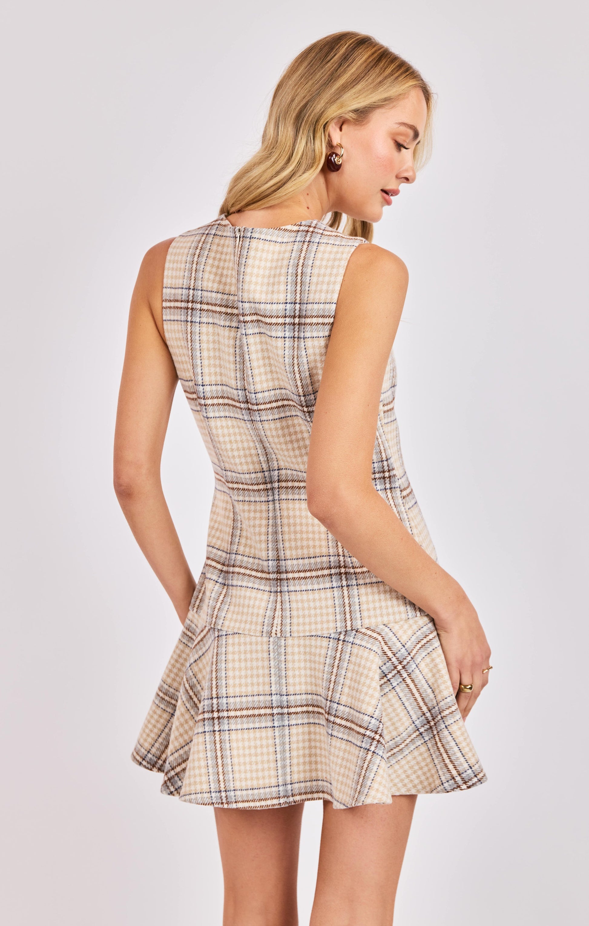  Cedar Plaid Drop Waist Mini Dress, Ivory Multi | Sadie & Sage