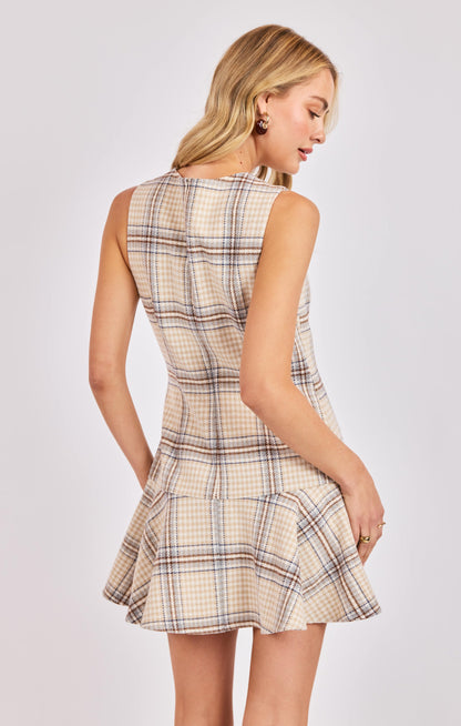  Cedar Plaid Drop Waist Mini Dress, Ivory Multi | Sadie & Sage