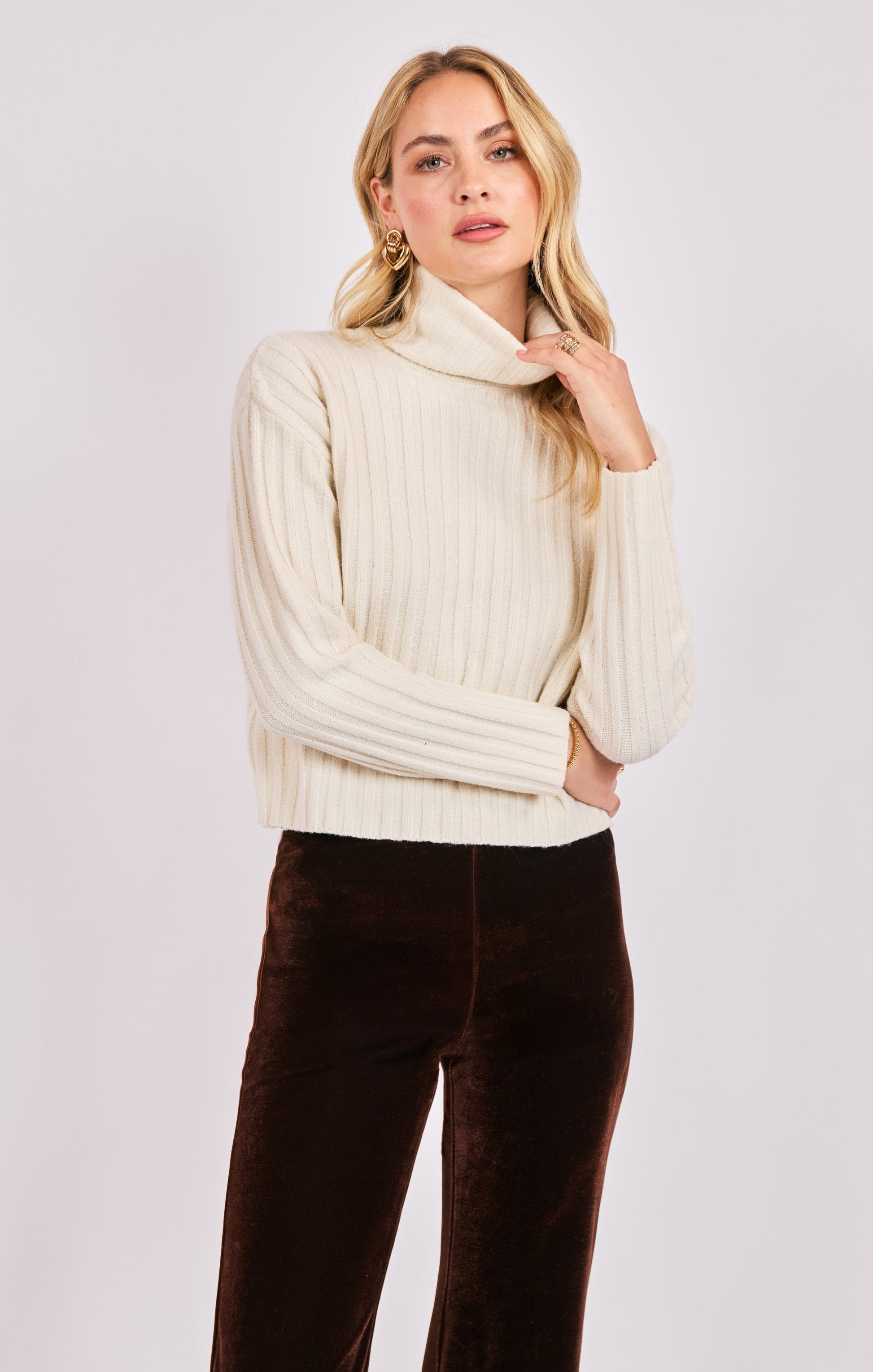 Cosette Turtleneck Rib Sweater, Ivory | Sadie & Sage
