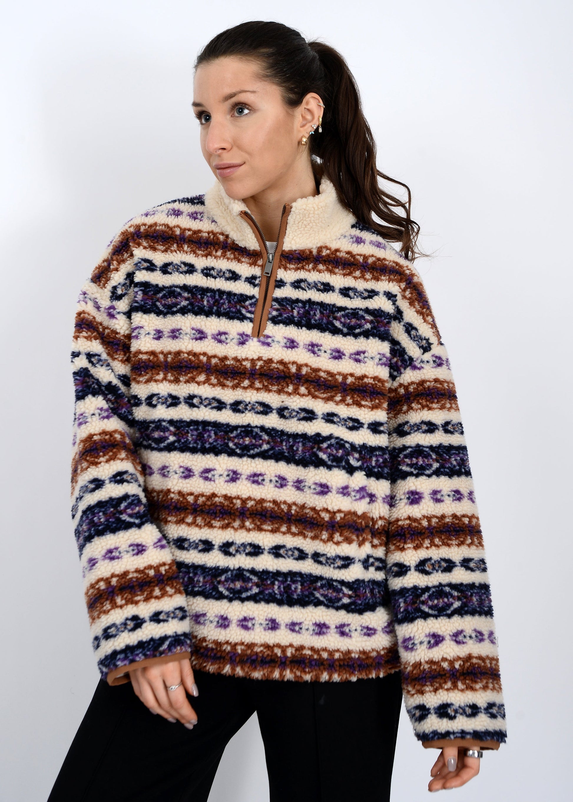  Alpine Sherpa Half Zip Striped Jacket, Tobacco | RD Style