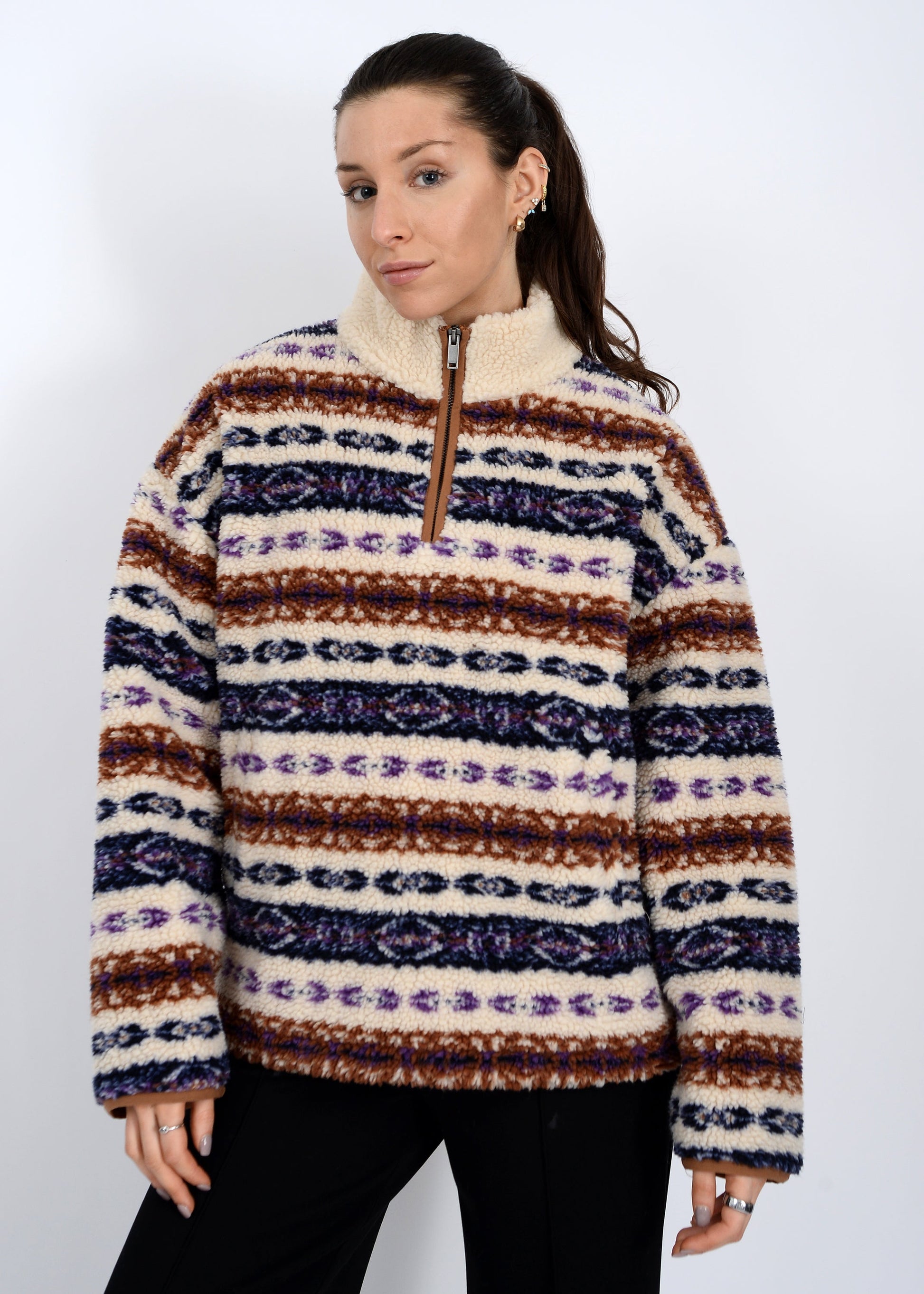  Alpine Sherpa Half Zip Striped Jacket, Tobacco | RD Style