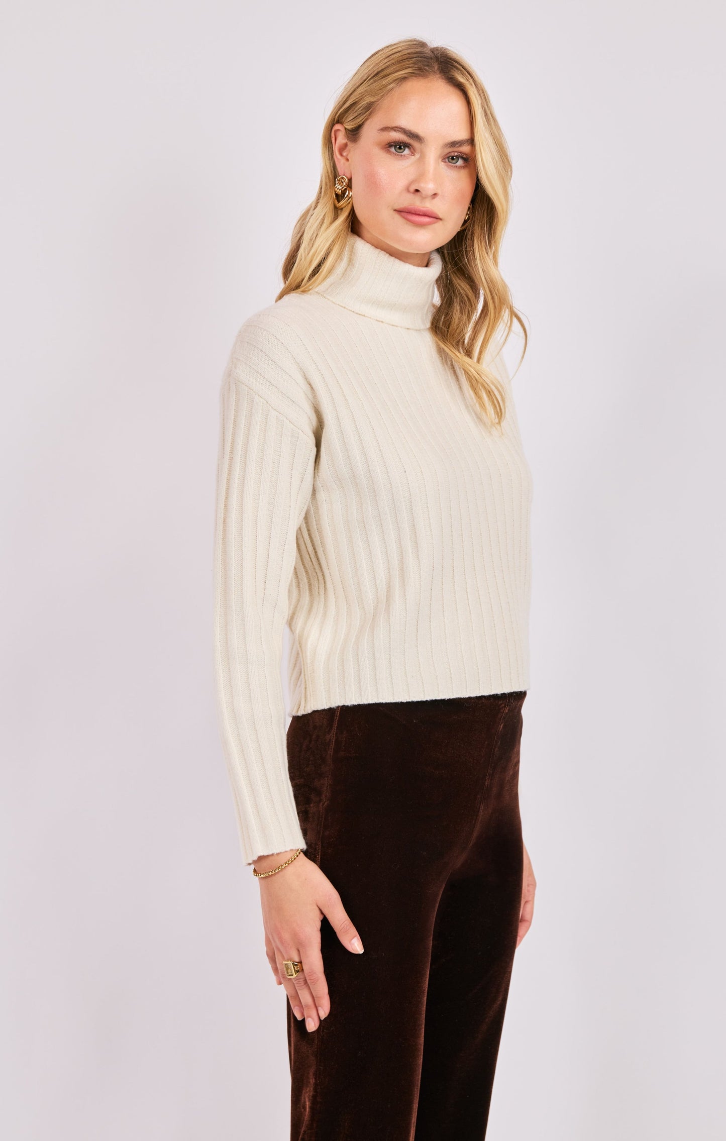  Cosette Turtleneck Rib Sweater, Ivory | Sadie & Sage