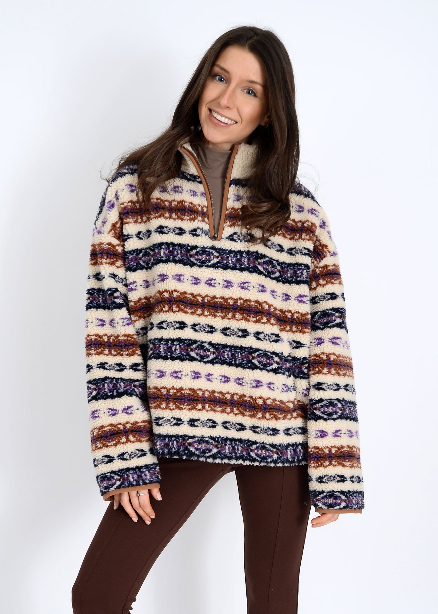  Alpine Sherpa Half Zip Striped Jacket, Tobacco | RD Style