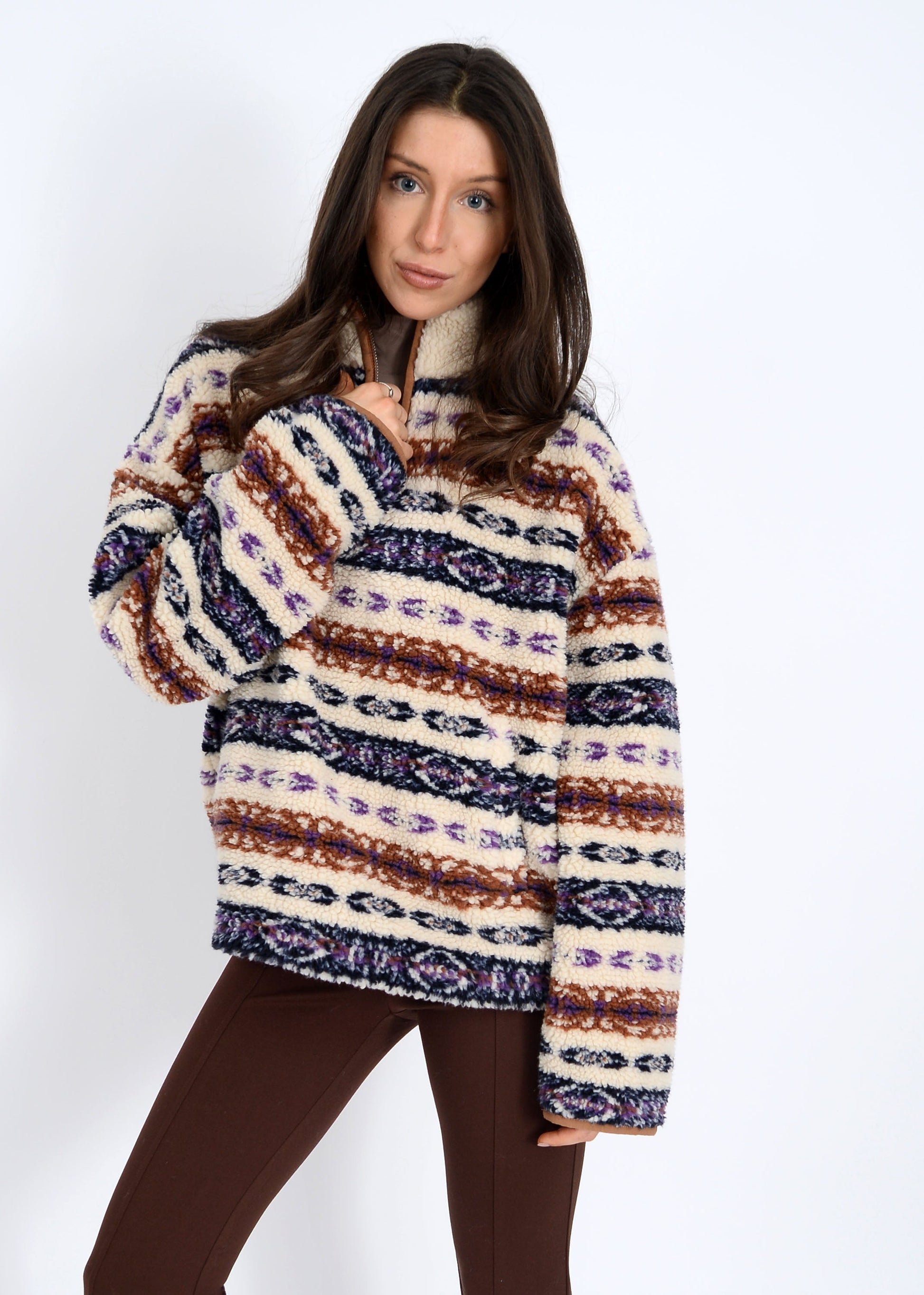  Alpine Sherpa Half Zip Striped Jacket, Tobacco | RD Style