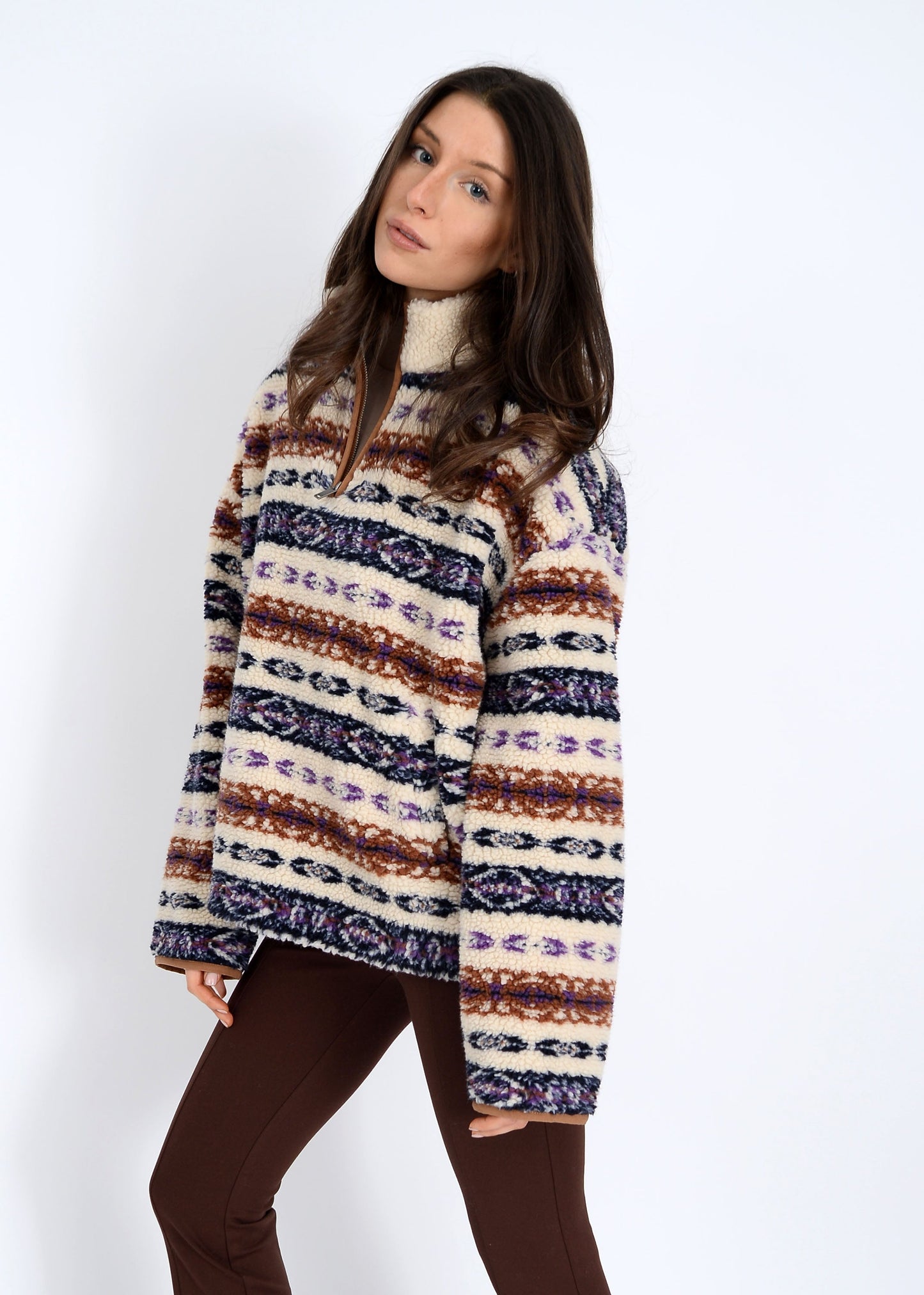  Alpine Sherpa Half Zip Striped Jacket, Tobacco | RD Style