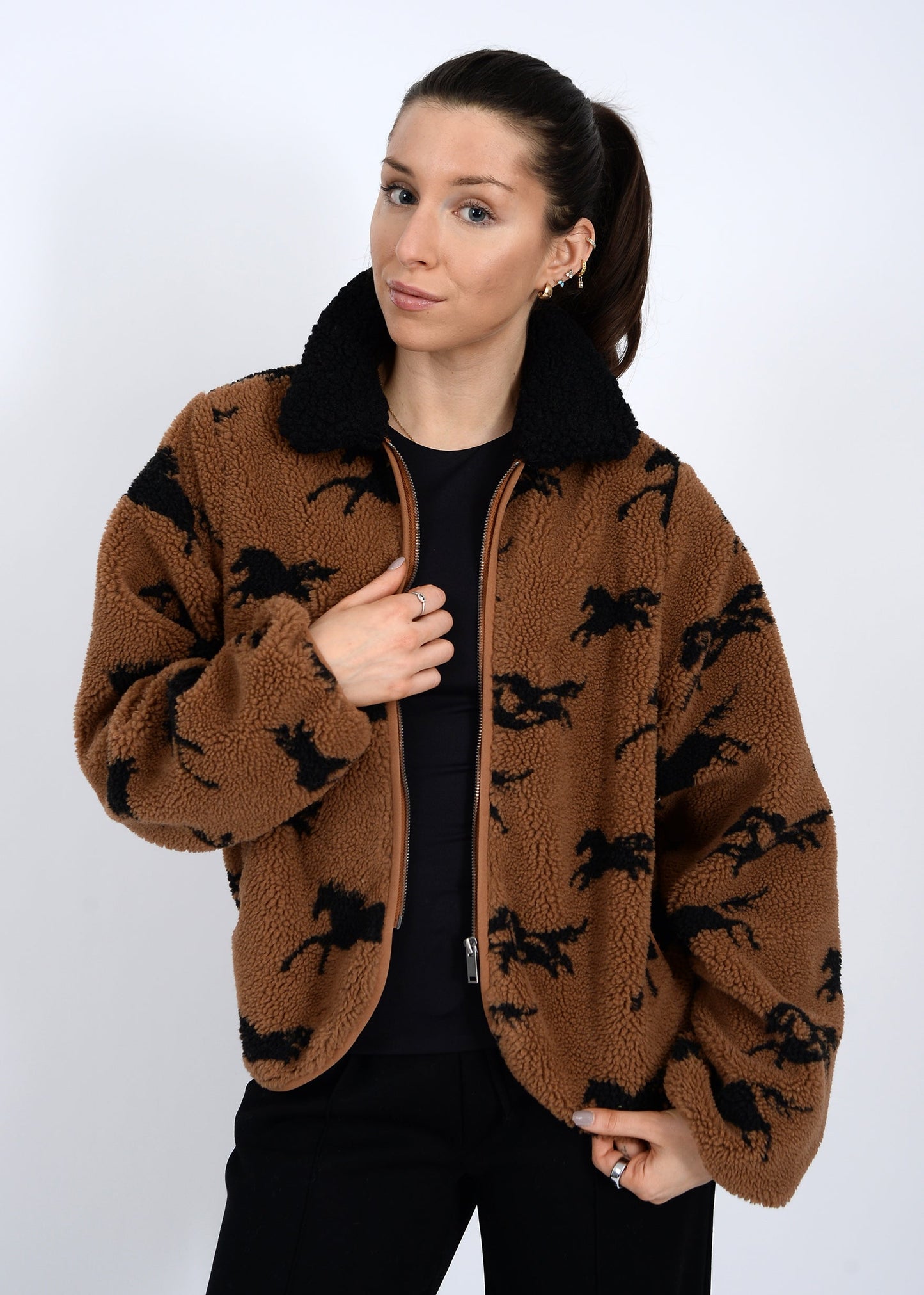  Joline Sherpa Zip Front Jacket, Horse Black | RD Style