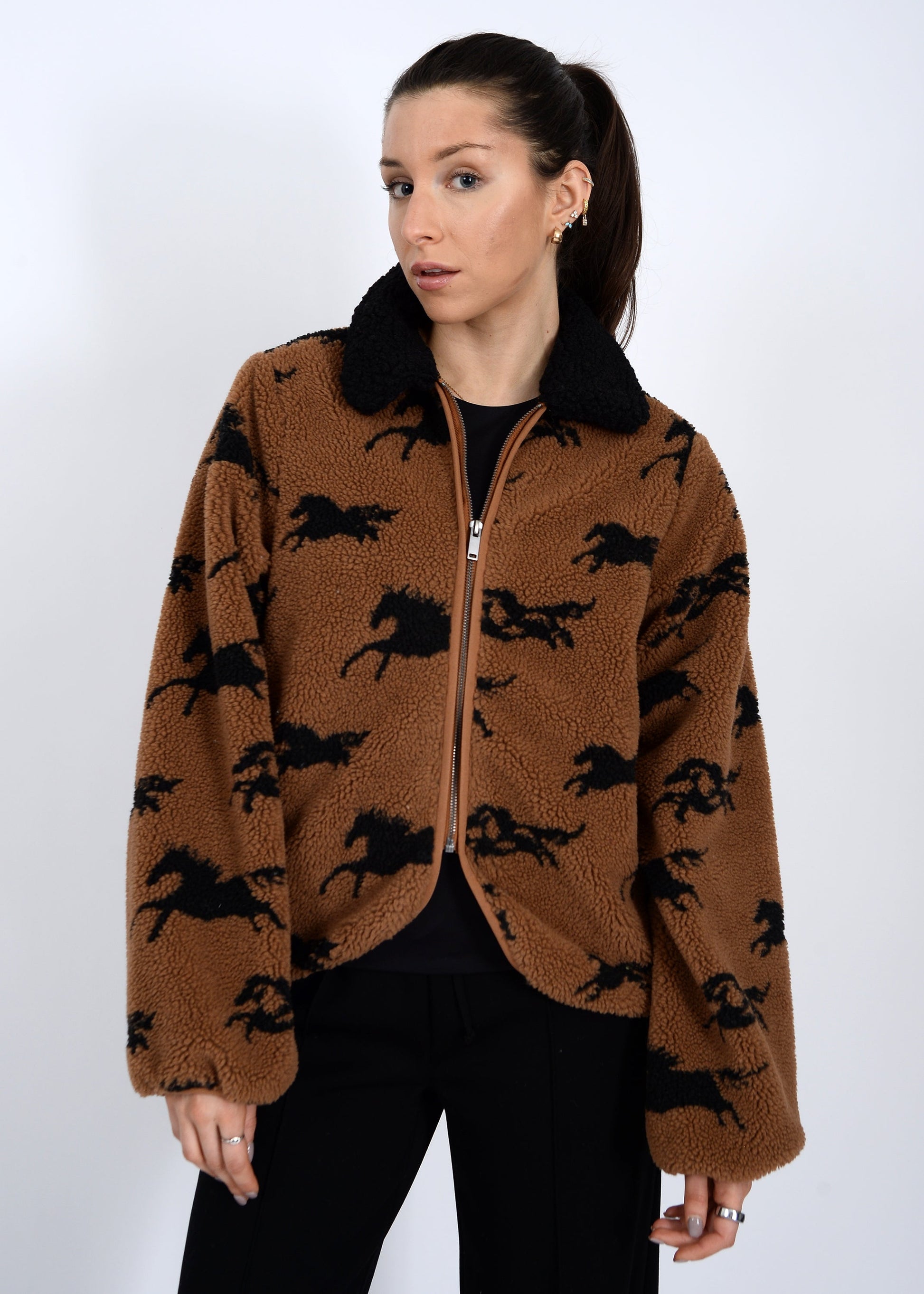  Joline Sherpa Zip Front Jacket, Horse Black | RD Style