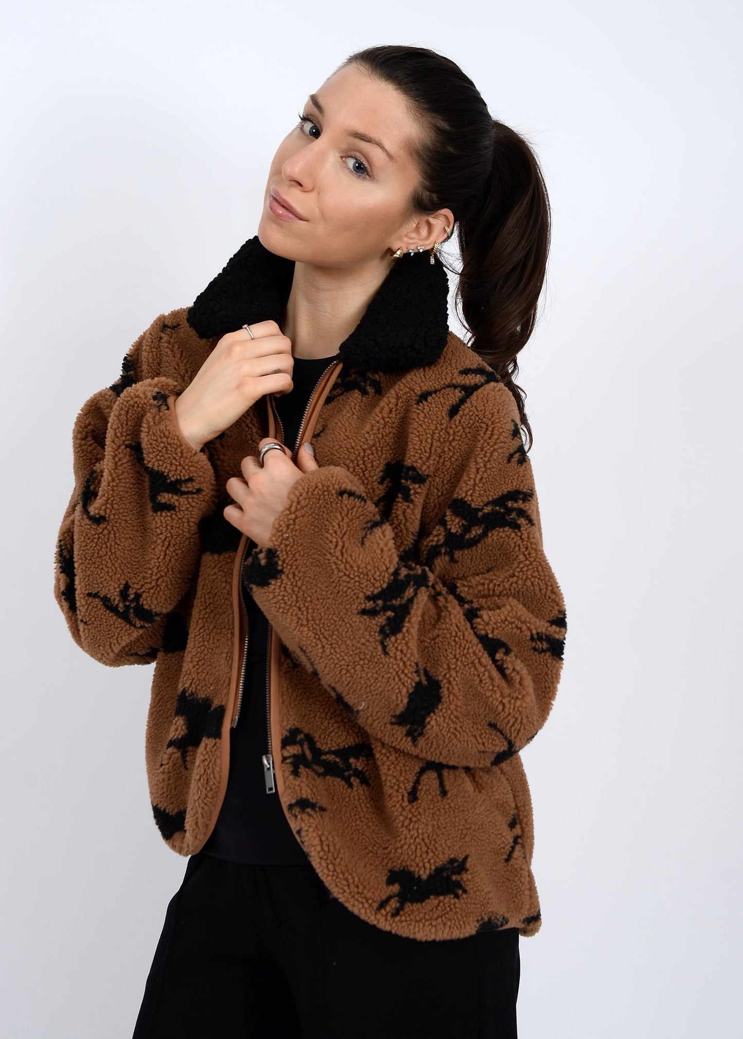  Joline Sherpa Zip Front Jacket, Horse Black | RD Style
