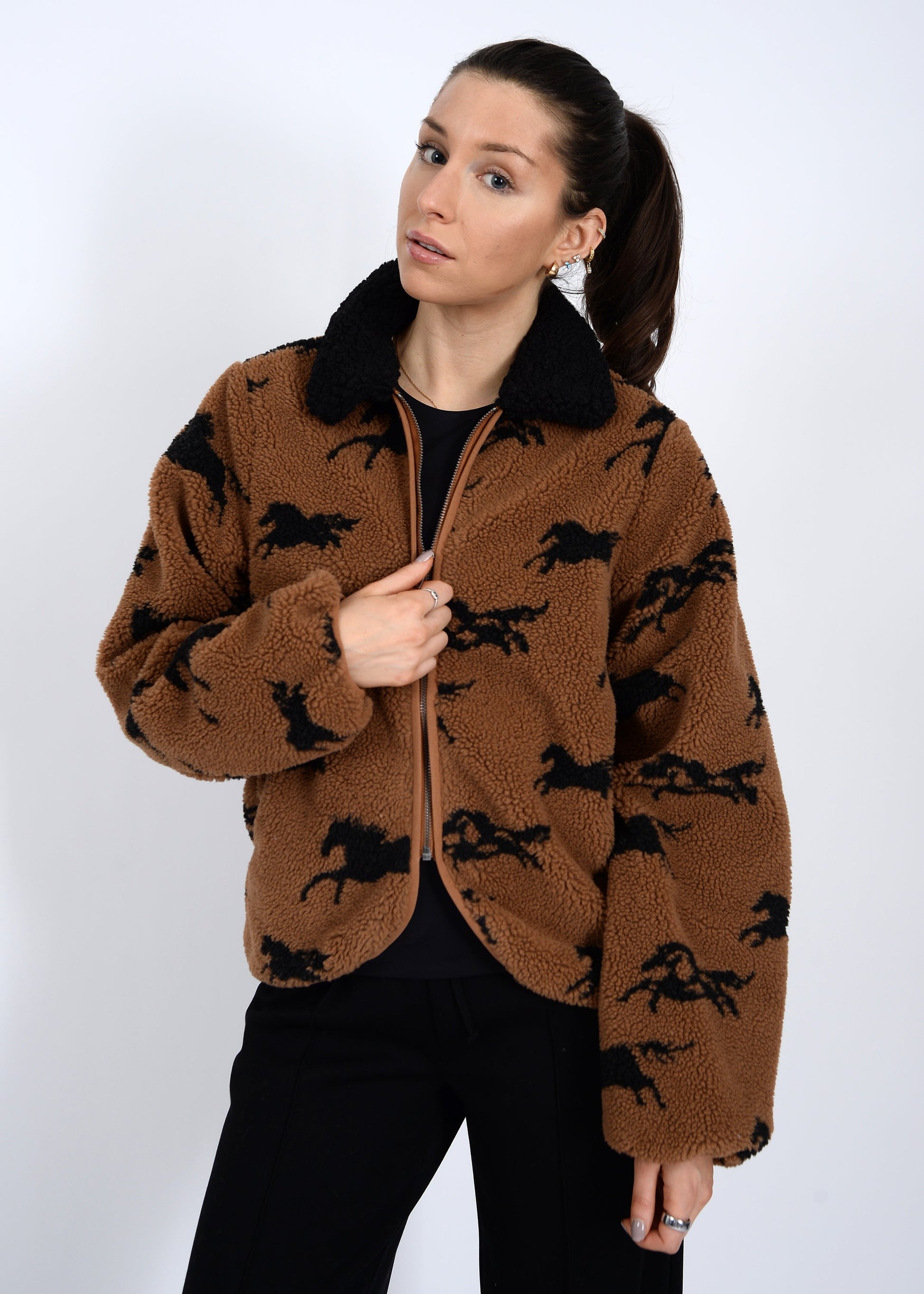  Joline Sherpa Zip Front Jacket, Horse Black | RD Style