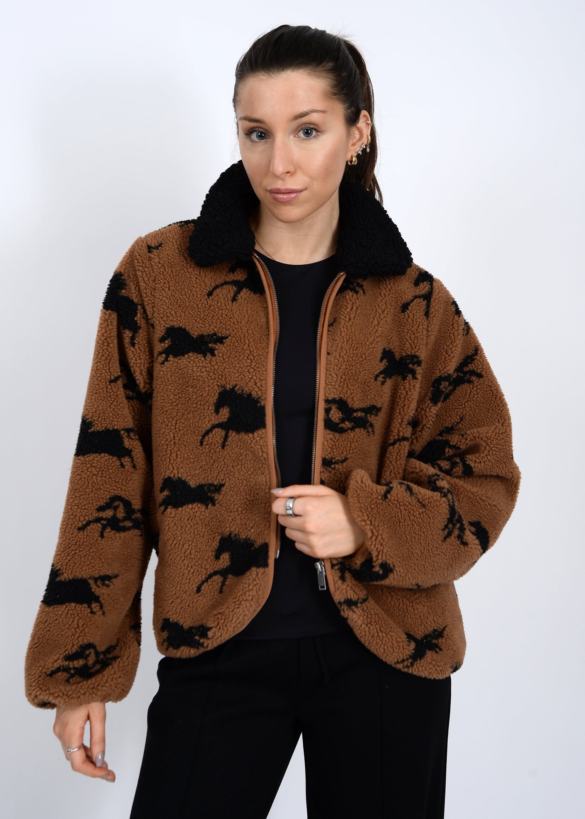  Joline Sherpa Zip Front Jacket, Horse Black | RD Style
